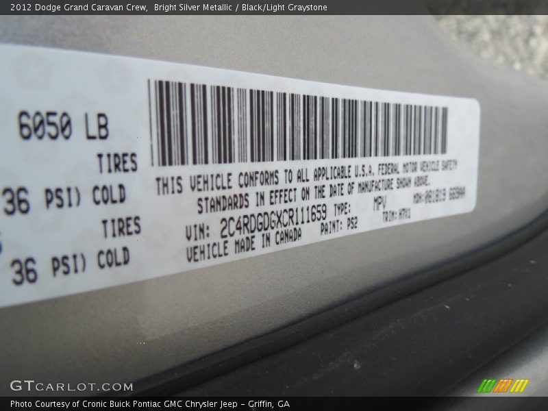 Bright Silver Metallic / Black/Light Graystone 2012 Dodge Grand Caravan Crew