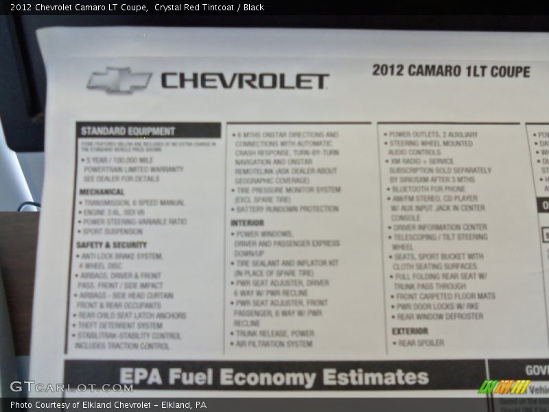  2012 Camaro LT Coupe Window Sticker