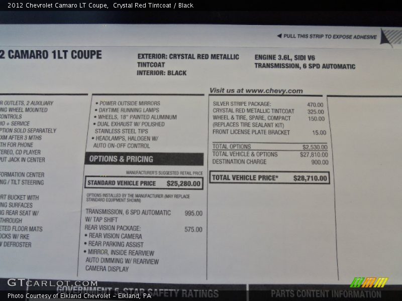  2012 Camaro LT Coupe Window Sticker