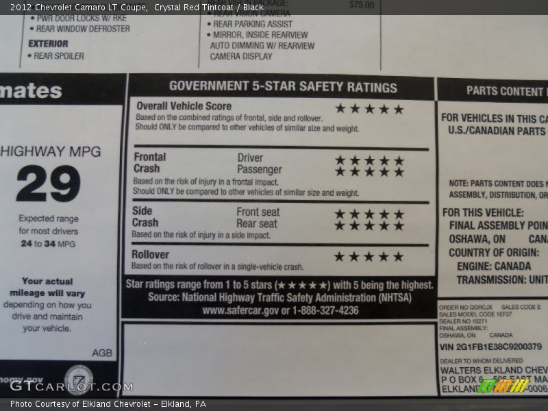  2012 Camaro LT Coupe Window Sticker