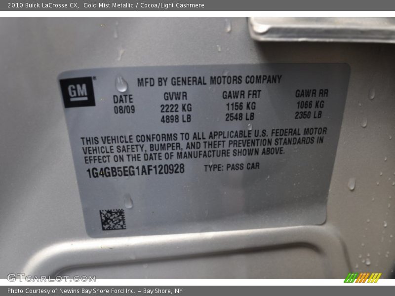 Gold Mist Metallic / Cocoa/Light Cashmere 2010 Buick LaCrosse CX