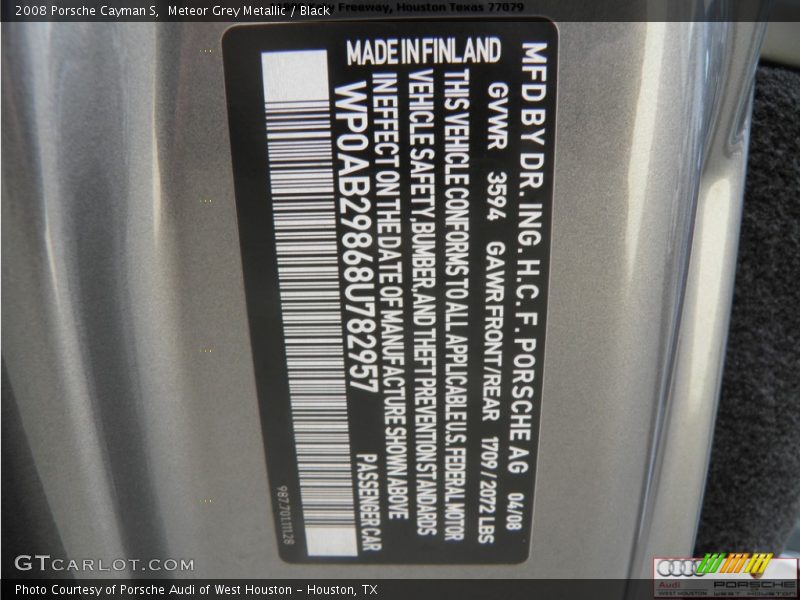 Meteor Grey Metallic / Black 2008 Porsche Cayman S