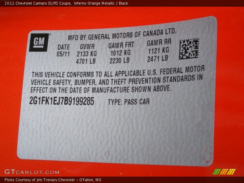 Info Tag of 2011 Camaro SS/RS Coupe