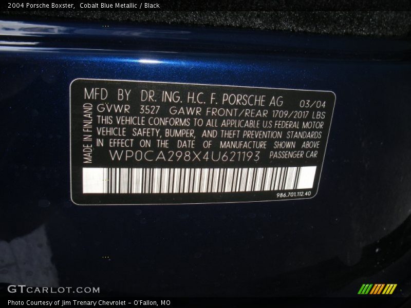 Info Tag of 2004 Boxster 