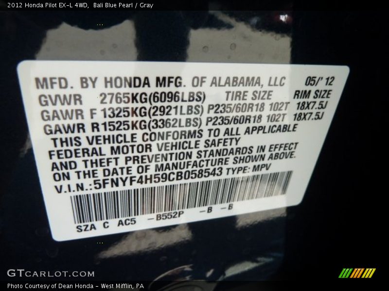 Bali Blue Pearl / Gray 2012 Honda Pilot EX-L 4WD