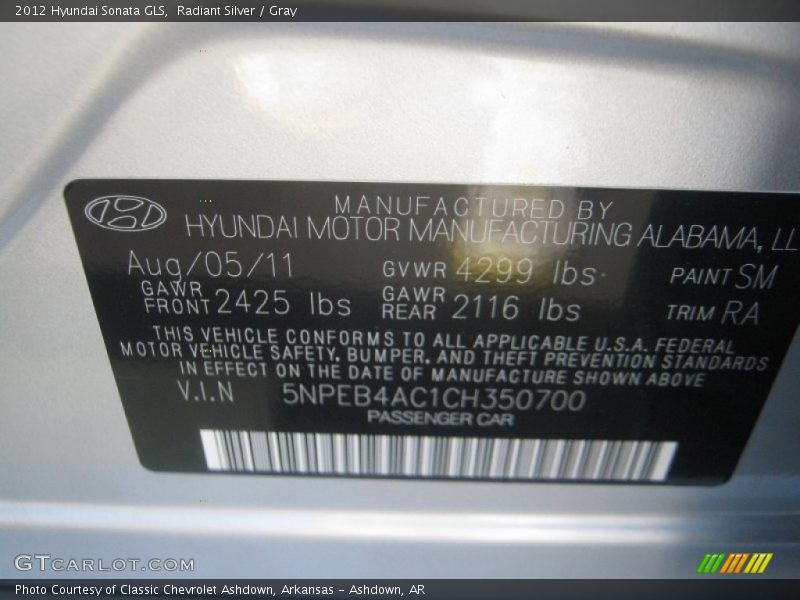 Radiant Silver / Gray 2012 Hyundai Sonata GLS