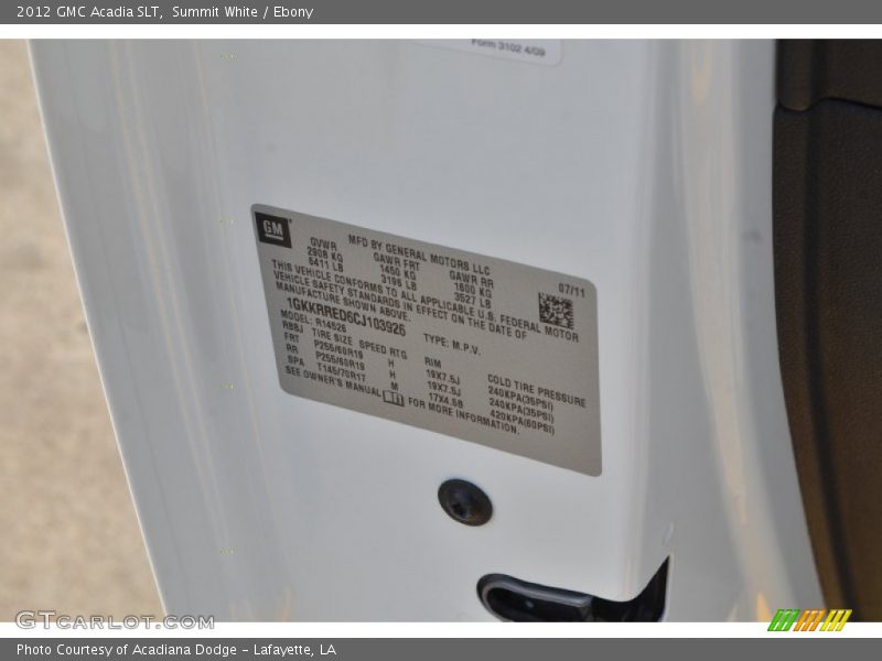 Summit White / Ebony 2012 GMC Acadia SLT