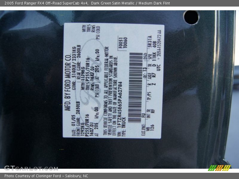 2005 Ranger FX4 Off-Road SuperCab 4x4 Dark Green Satin Metallic Color Code FU