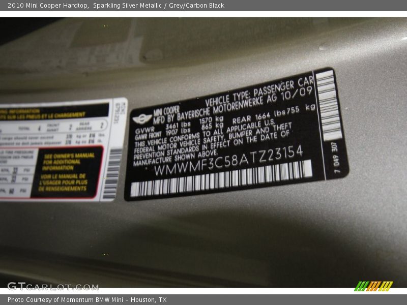 Sparkling Silver Metallic / Grey/Carbon Black 2010 Mini Cooper Hardtop