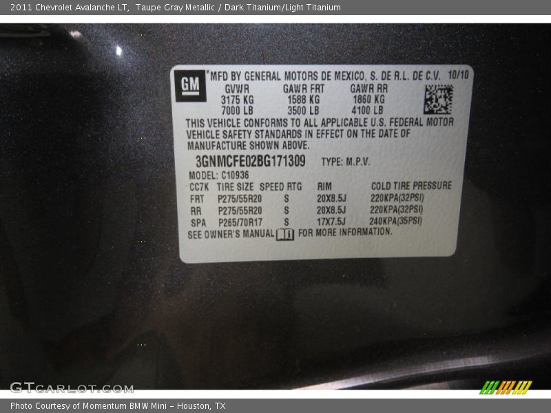 Taupe Gray Metallic / Dark Titanium/Light Titanium 2011 Chevrolet Avalanche LT