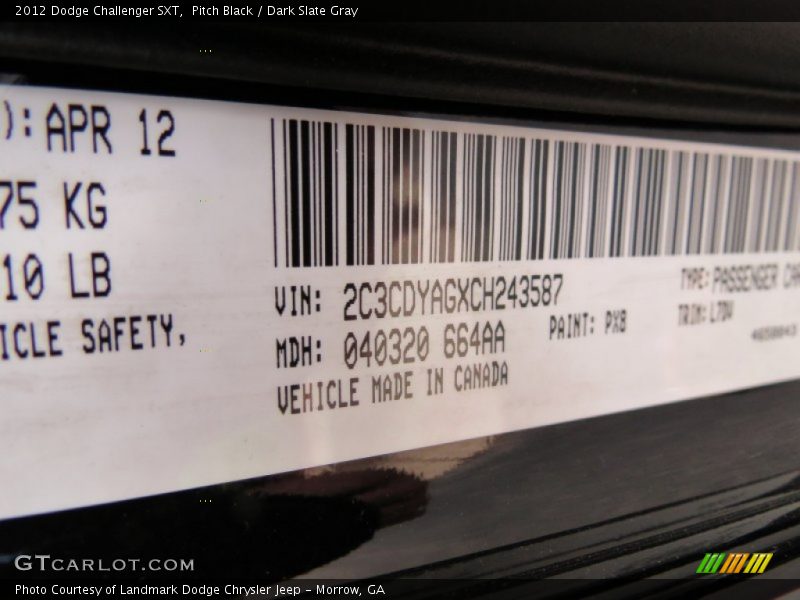 Pitch Black / Dark Slate Gray 2012 Dodge Challenger SXT