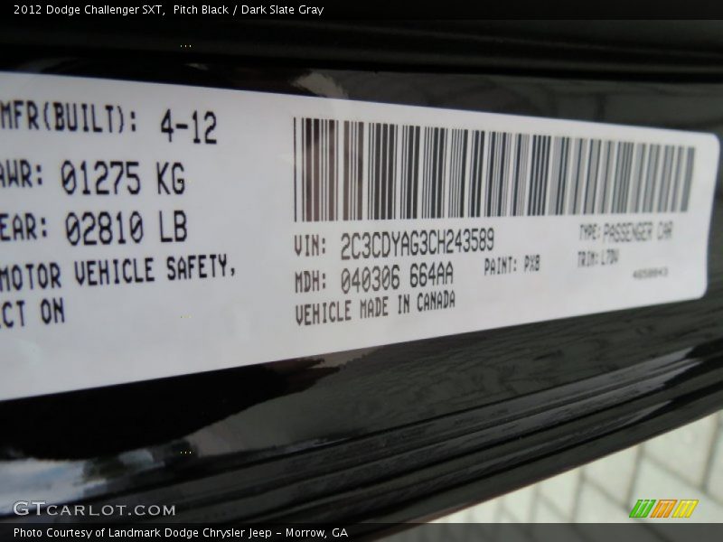 Pitch Black / Dark Slate Gray 2012 Dodge Challenger SXT