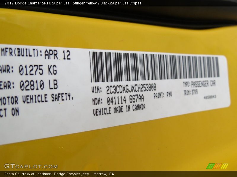 2012 Charger SRT8 Super Bee Stinger Yellow Color Code PYV