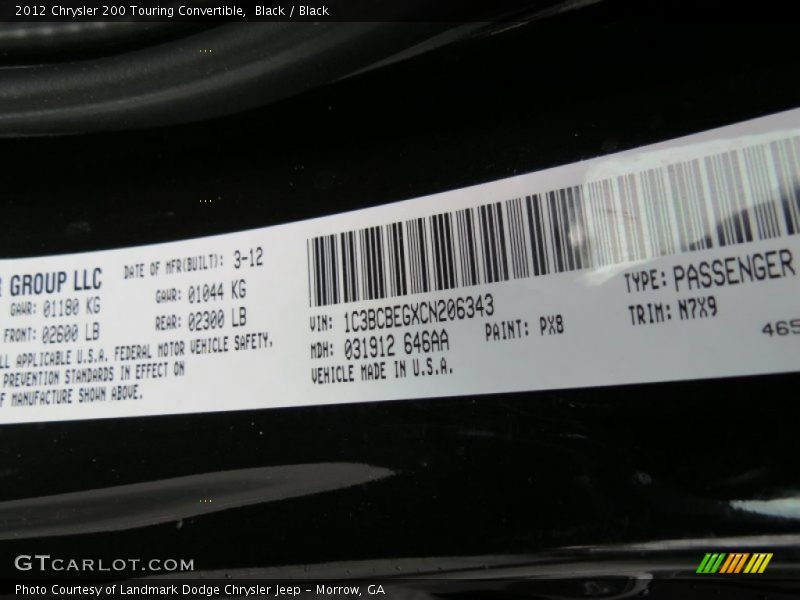 2012 200 Touring Convertible Black Color Code PX8