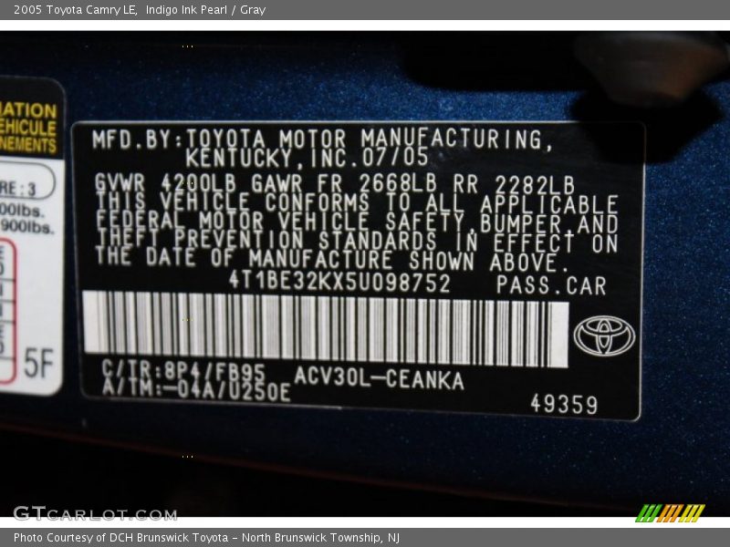 2005 Camry LE Indigo Ink Pearl Color Code 8P4