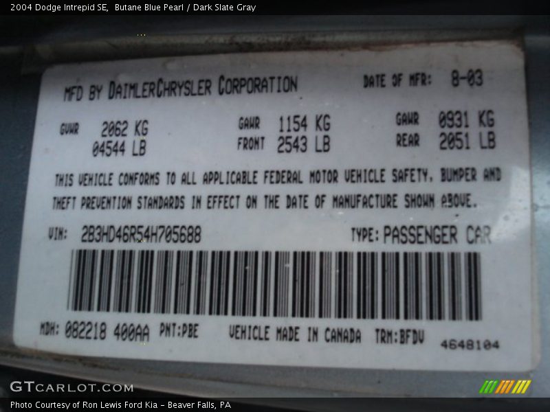 2004 Intrepid SE Butane Blue Pearl Color Code PBE