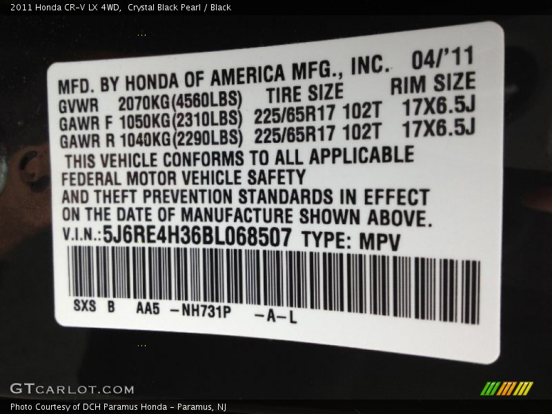 Crystal Black Pearl / Black 2011 Honda CR-V LX 4WD