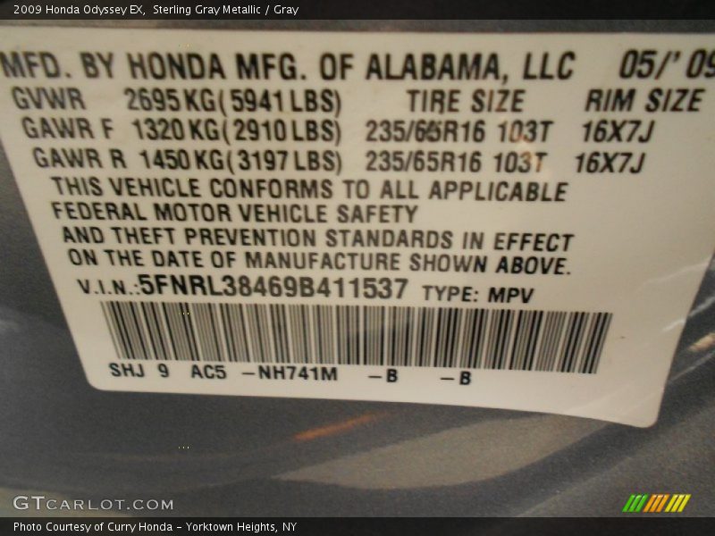 Sterling Gray Metallic / Gray 2009 Honda Odyssey EX