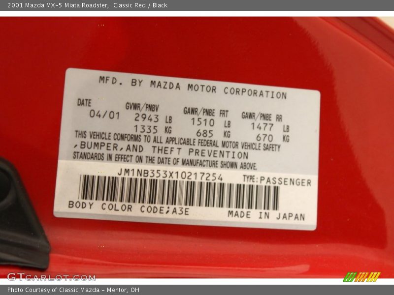 Classic Red / Black 2001 Mazda MX-5 Miata Roadster