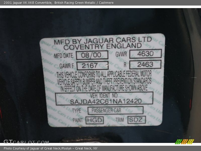 2001 XK XK8 Convertible British Racing Green Metallic Color Code HGD