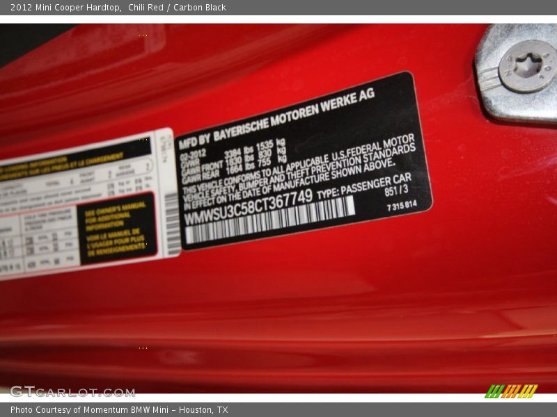 Chili Red / Carbon Black 2012 Mini Cooper Hardtop