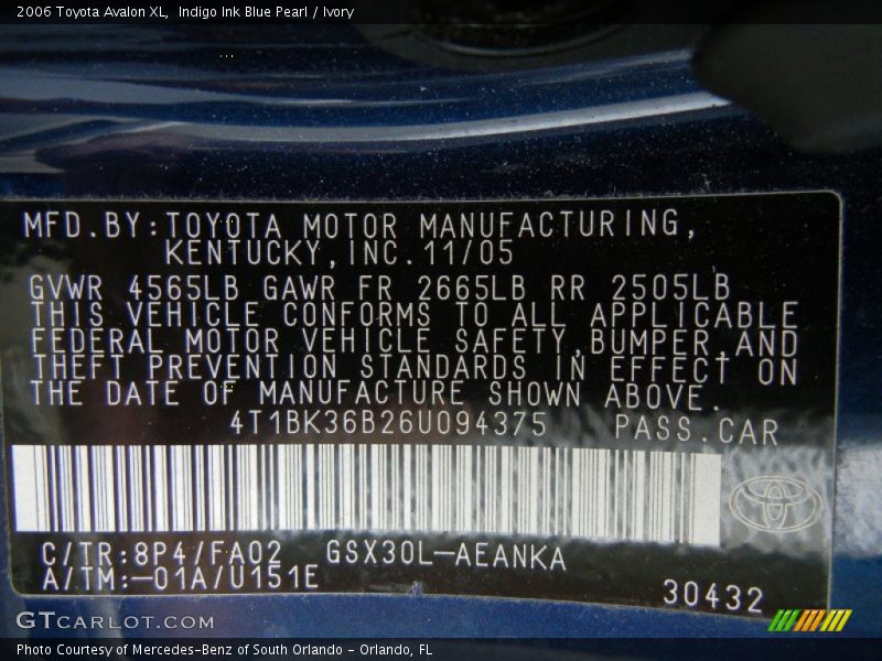 2006 Avalon XL Indigo Ink Blue Pearl Color Code 8P4