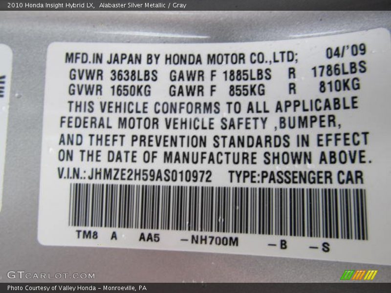 Alabaster Silver Metallic / Gray 2010 Honda Insight Hybrid LX