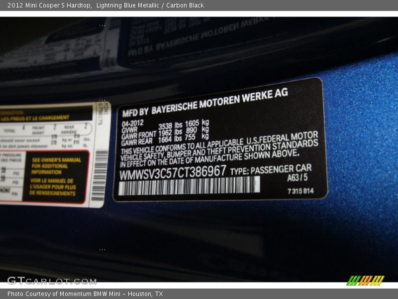 Lightning Blue Metallic / Carbon Black 2012 Mini Cooper S Hardtop