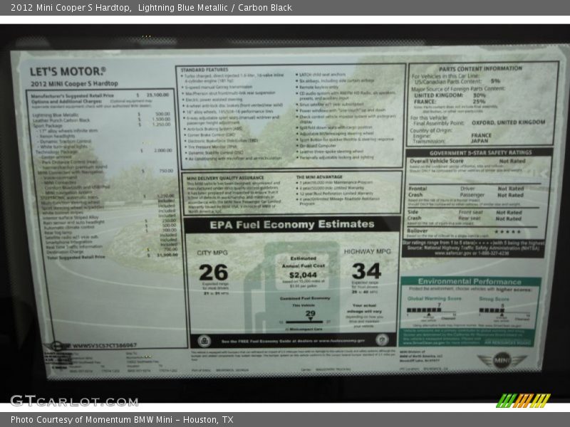 Lightning Blue Metallic / Carbon Black 2012 Mini Cooper S Hardtop