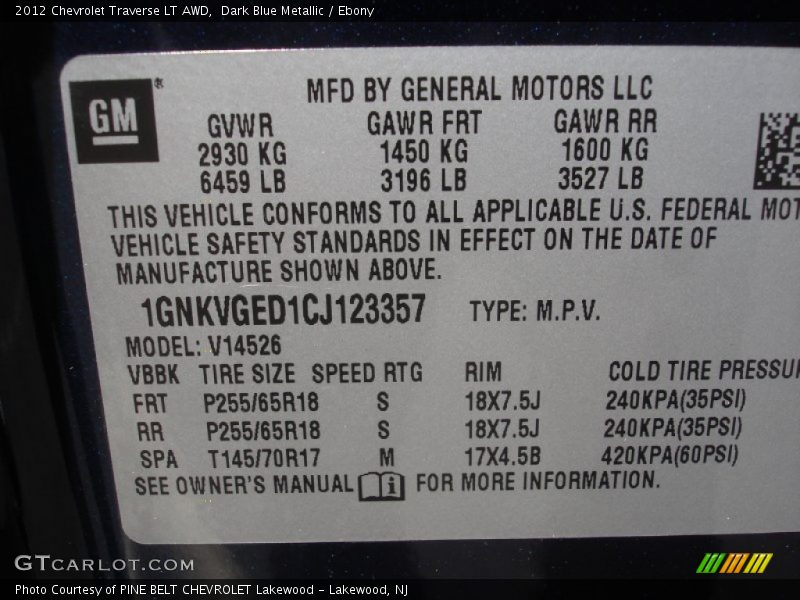 Dark Blue Metallic / Ebony 2012 Chevrolet Traverse LT AWD