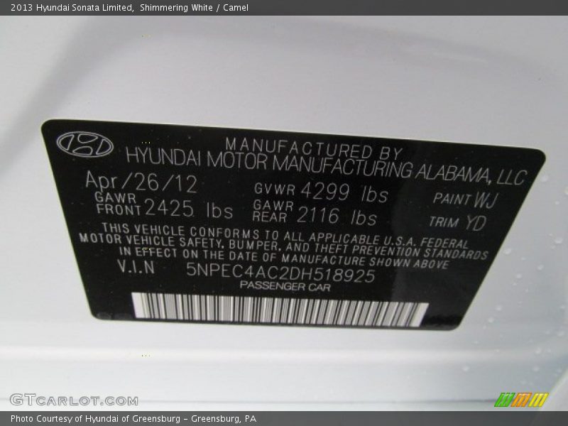 Shimmering White / Camel 2013 Hyundai Sonata Limited
