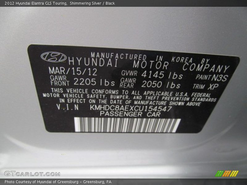 Shimmering Silver / Black 2012 Hyundai Elantra GLS Touring