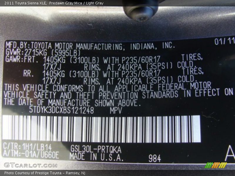 2011 Sienna XLE Predawn Gray Mica Color Code 1H1