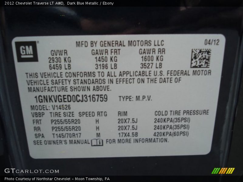 Dark Blue Metallic / Ebony 2012 Chevrolet Traverse LT AWD