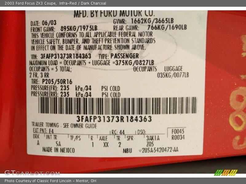 Infra-Red / Dark Charcoal 2003 Ford Focus ZX3 Coupe