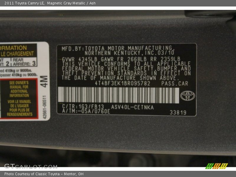 Magnetic Gray Metallic / Ash 2011 Toyota Camry LE