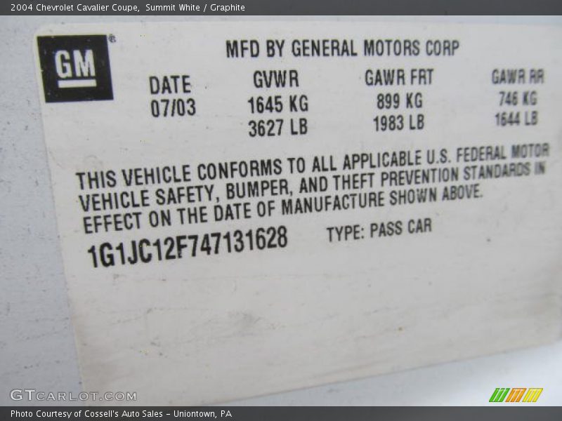 Summit White / Graphite 2004 Chevrolet Cavalier Coupe