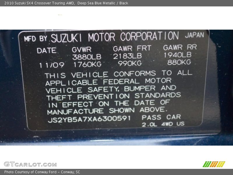 Deep Sea Blue Metallic / Black 2010 Suzuki SX4 Crossover Touring AWD