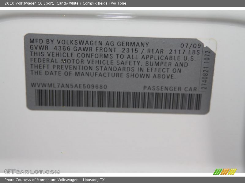 Candy White / Cornsilk Beige Two Tone 2010 Volkswagen CC Sport