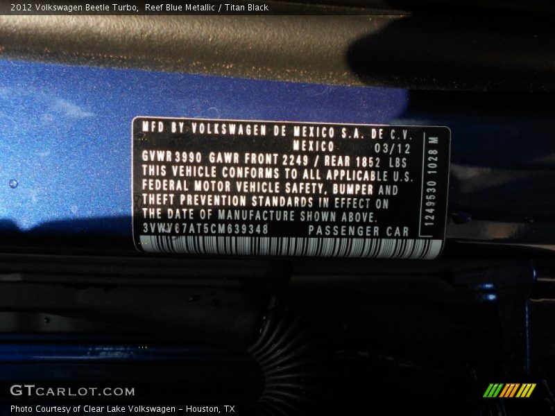 Reef Blue Metallic / Titan Black 2012 Volkswagen Beetle Turbo