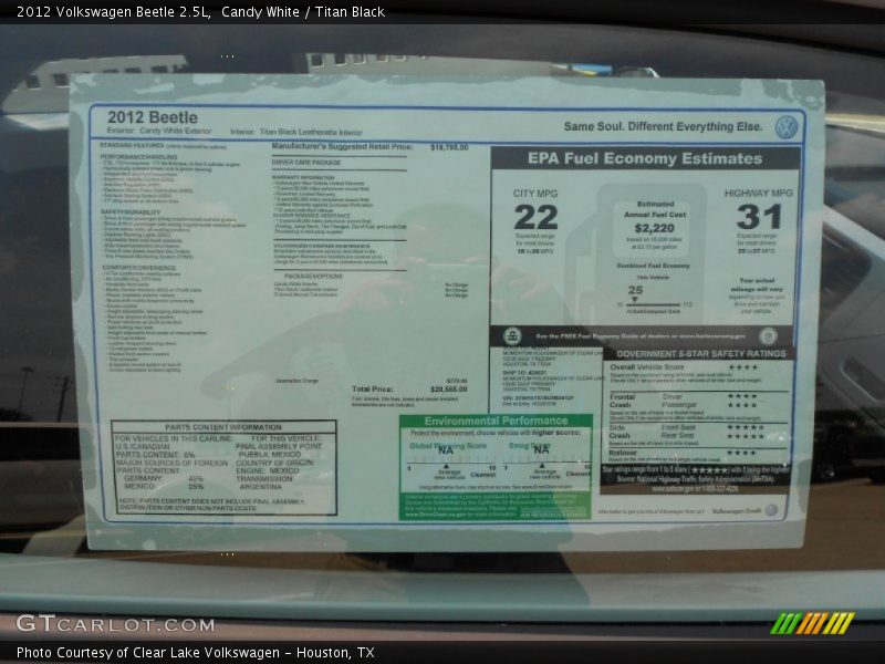  2012 Beetle 2.5L Window Sticker