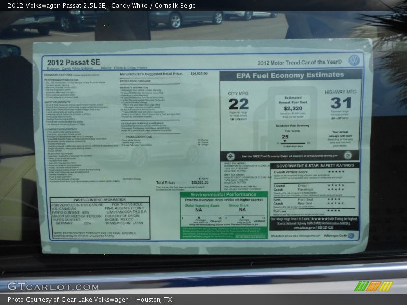 Candy White / Cornsilk Beige 2012 Volkswagen Passat 2.5L SE