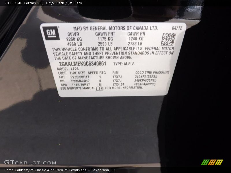 Onyx Black / Jet Black 2012 GMC Terrain SLE