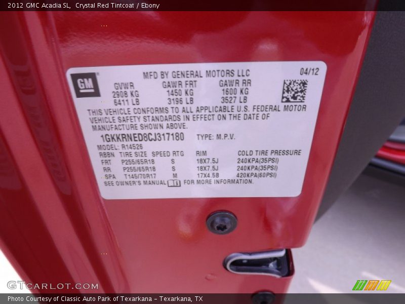 Crystal Red Tintcoat / Ebony 2012 GMC Acadia SL