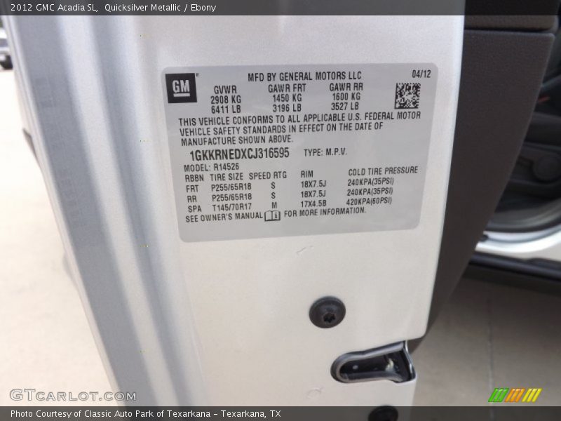 Quicksilver Metallic / Ebony 2012 GMC Acadia SL