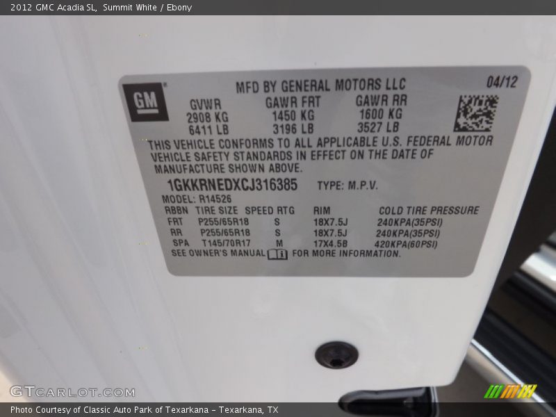 Summit White / Ebony 2012 GMC Acadia SL