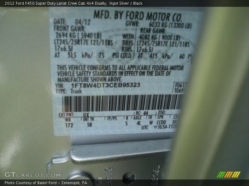 2012 F450 Super Duty Lariat Crew Cab 4x4 Dually Ingot Silver Color Code UX