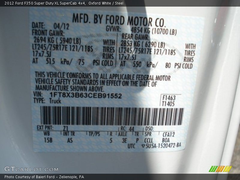 Oxford White / Steel 2012 Ford F350 Super Duty XL SuperCab 4x4