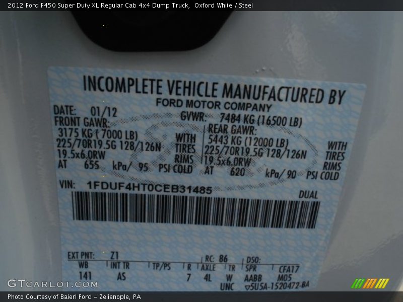 2012 F450 Super Duty XL Regular Cab 4x4 Dump Truck Oxford White Color Code Z1
