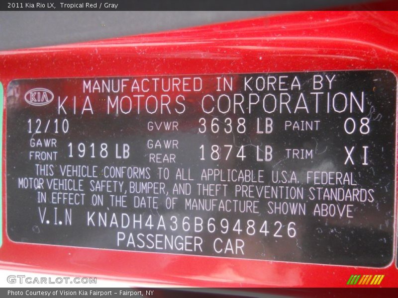Tropical Red / Gray 2011 Kia Rio LX